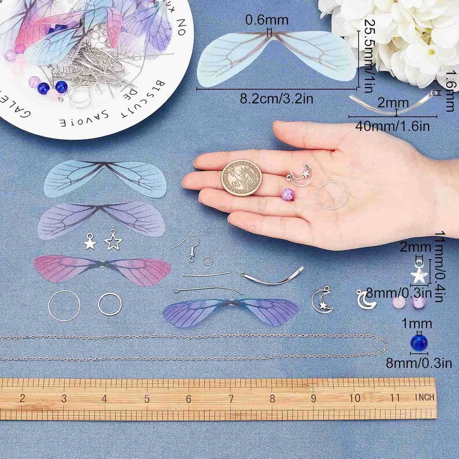 1 Box DIY 10 Pairs Butterfly Dragonfly Wing Earring Making Kits Moon Star Charms Fabric Wings Decoration Glass Beads with Jump Rings for Handmade Earr