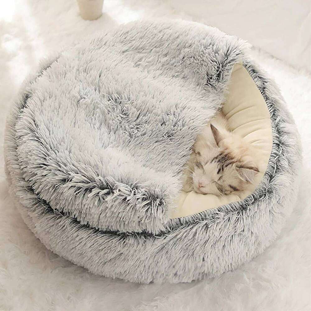 designer brand Plush Hooded Round Fluffy Soft Bed Pet Cushion Warm Cat Dog in Sleeping Nest Cave for Small Dogs