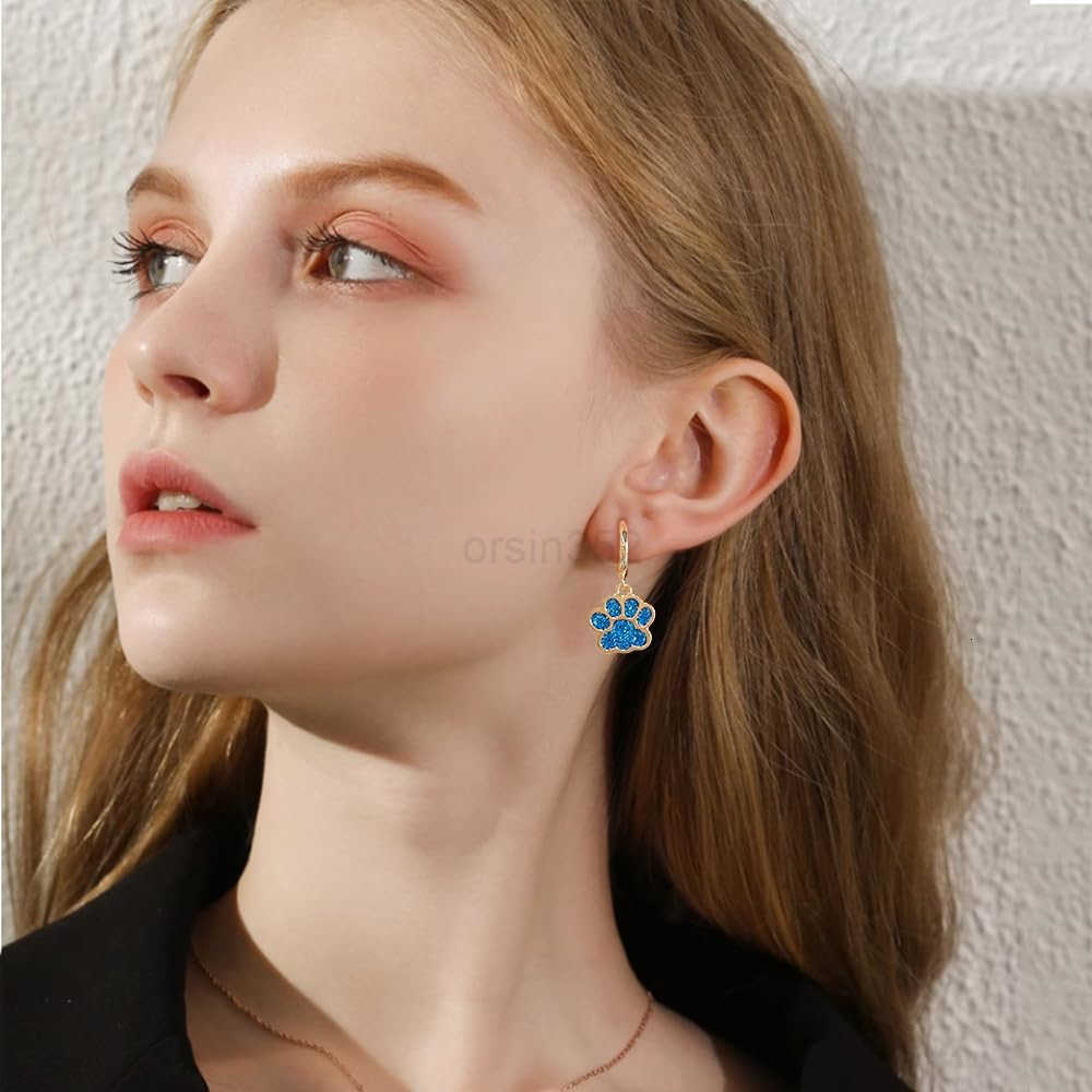 Cute Paw Charm Glitter Enamel Cartilage Small Hoop Dangle Drop Earrings for Women Girls Sensitive Ear 14K Gold Plated Colorful Animal Paw Dog Cat Pet 