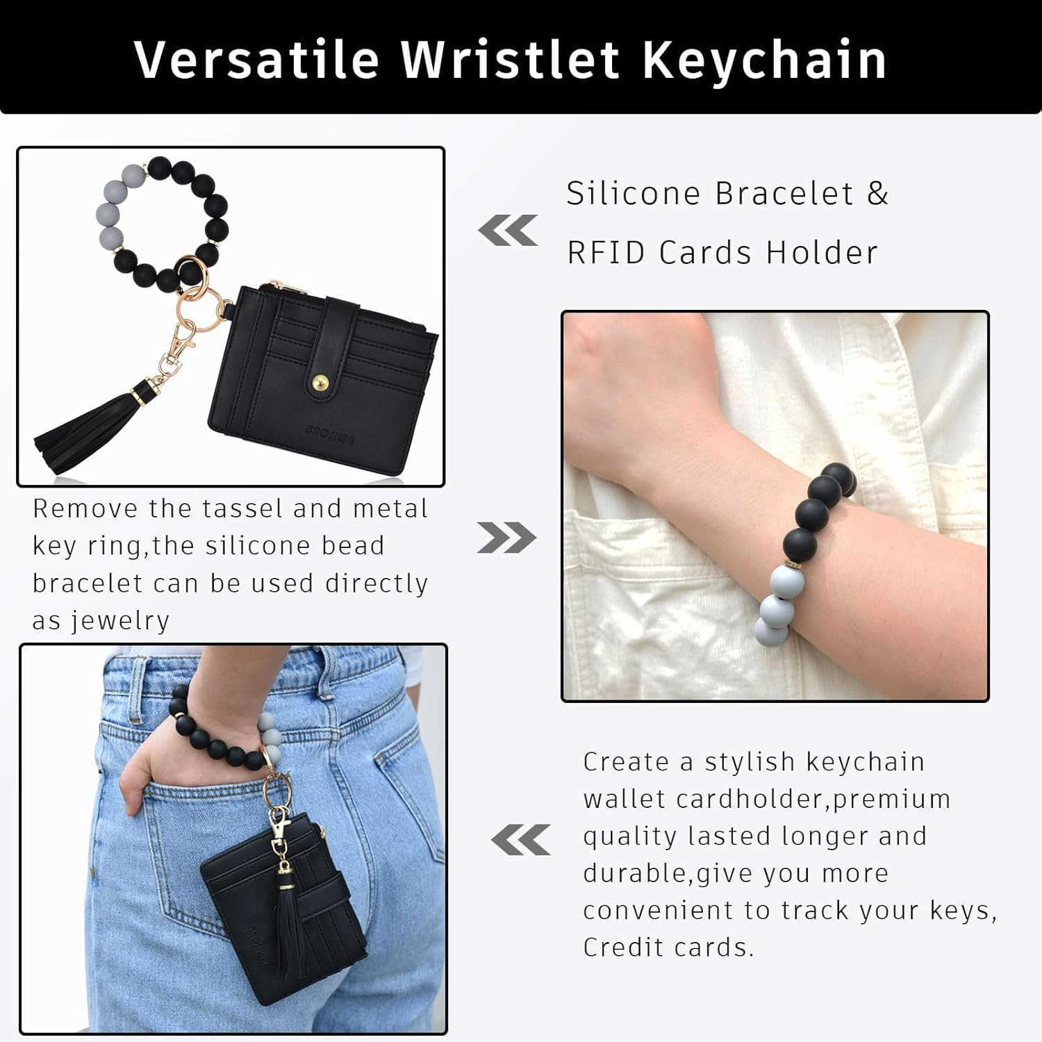 Silicone Bracelet Keychain Wallet for Women Wristlet Card Holder Slim RFID Wallet with Zipper PocketW250910