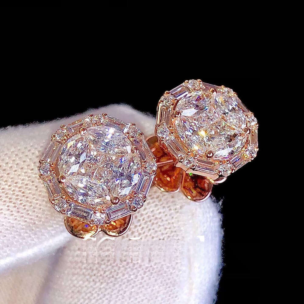 VVS Moissanite Cluster Stud Earrings Round & Baguette Marquise Cut Dia Design in Sier Rose Gold for Women