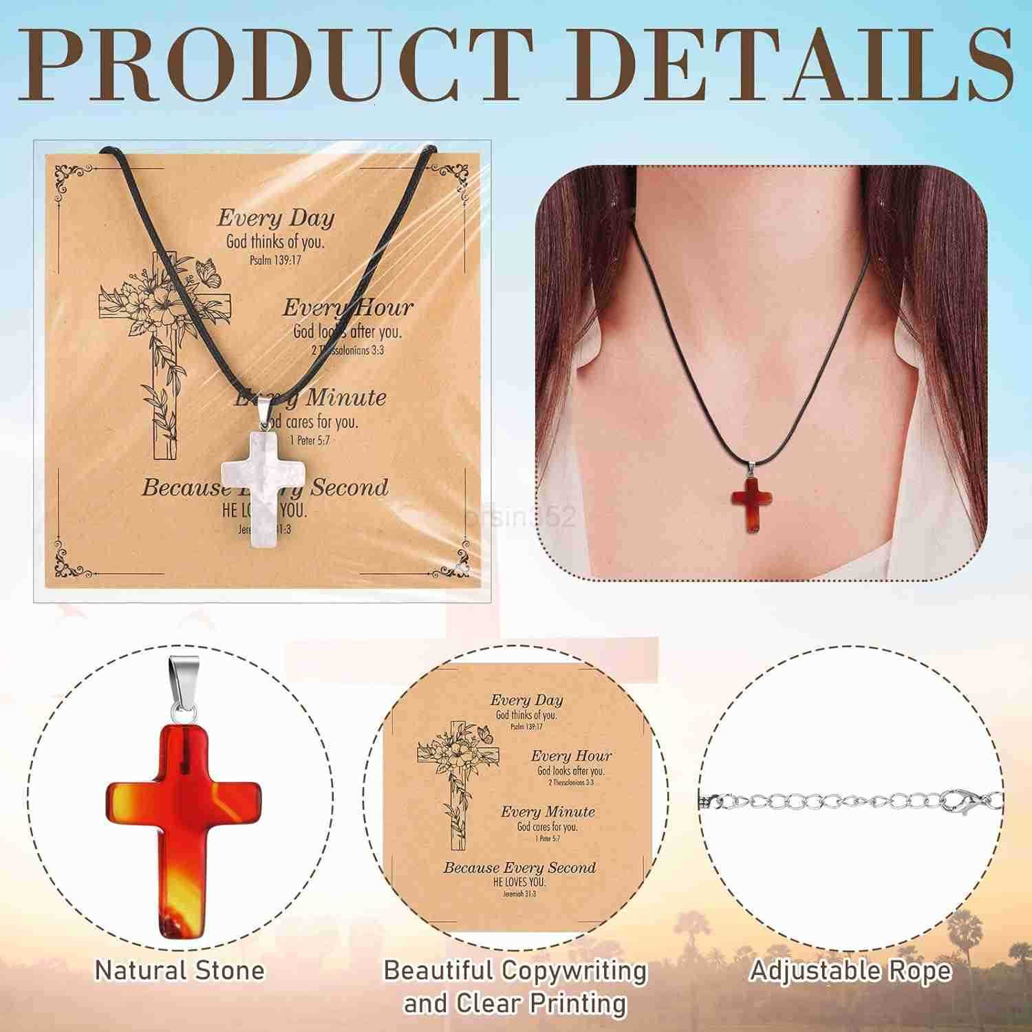 Cross Charms for Jewelry Making Natural Stone Cross Gemstone Pendant Quartz Crystal Charm with Leather Chain and Christian Card for DIY Necklace Earri