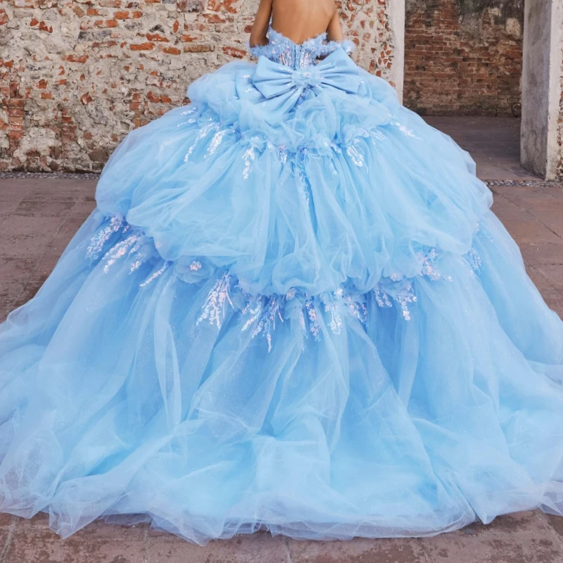Sky Blue Quinceanera Dresses Ball Gown Off The Shoulder Sequin Applique Lace Beads Bow Tiered Tull Corset Party Birthday Sweet 16 Dress Vestidos 15 De
