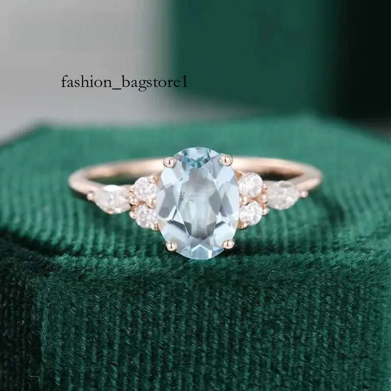 Band Rings Oval Natural Aquamarine Engagement Vintage Unique Marquise cut Cluster Moissanite Ring Solid 14K/10K Rose Gold Wedding GiftL240105