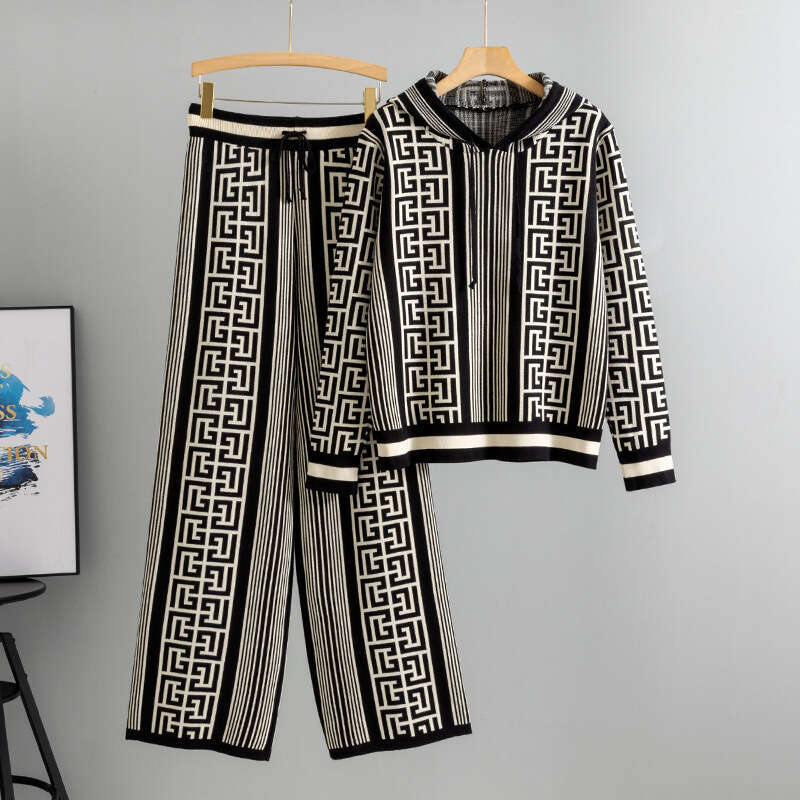 Knitted Suit For Women, Autumn And Winter, Elegant Hooded Sweater, Slimming Wide-Leg Pants, Two-Piece Set, Trendy