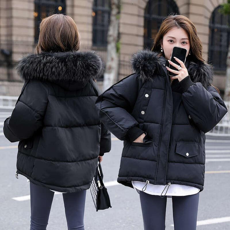 New Women's Down Cotton with Large Fur Collar, Slim Fit Puffer Coat, Thickened Short Jacket