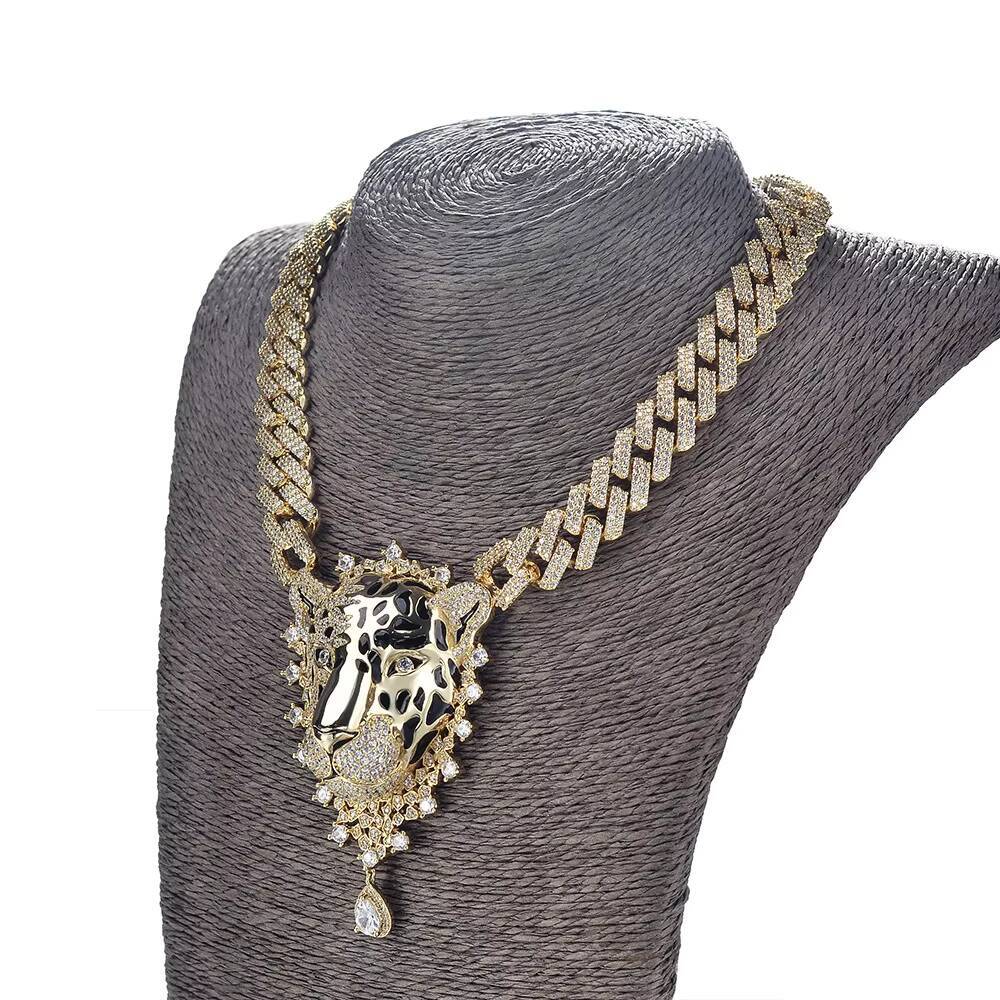 High Quality Custom Cuban Link Chain Hip Hop Leopard Pendant With Cuban Link Necklace Set for Men