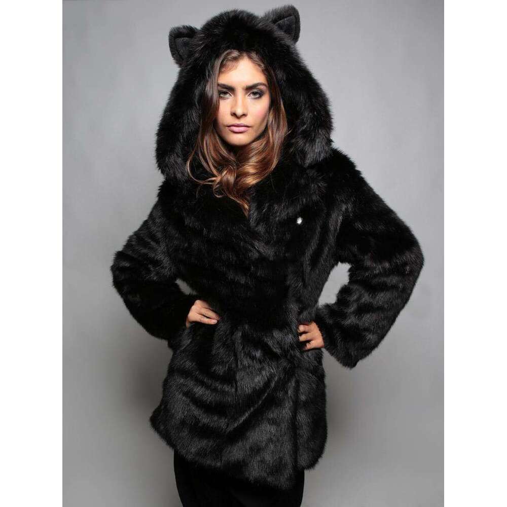 New Fox Hair Hooded Collar Mid Length Women's Fur Coat Hat