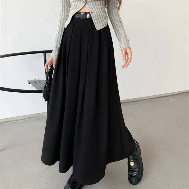 2024 New Korean Solid Color Versatile Mid-length Pleated Large Swing Type Skirt Female Long Skirts for Women dongdumaoyi