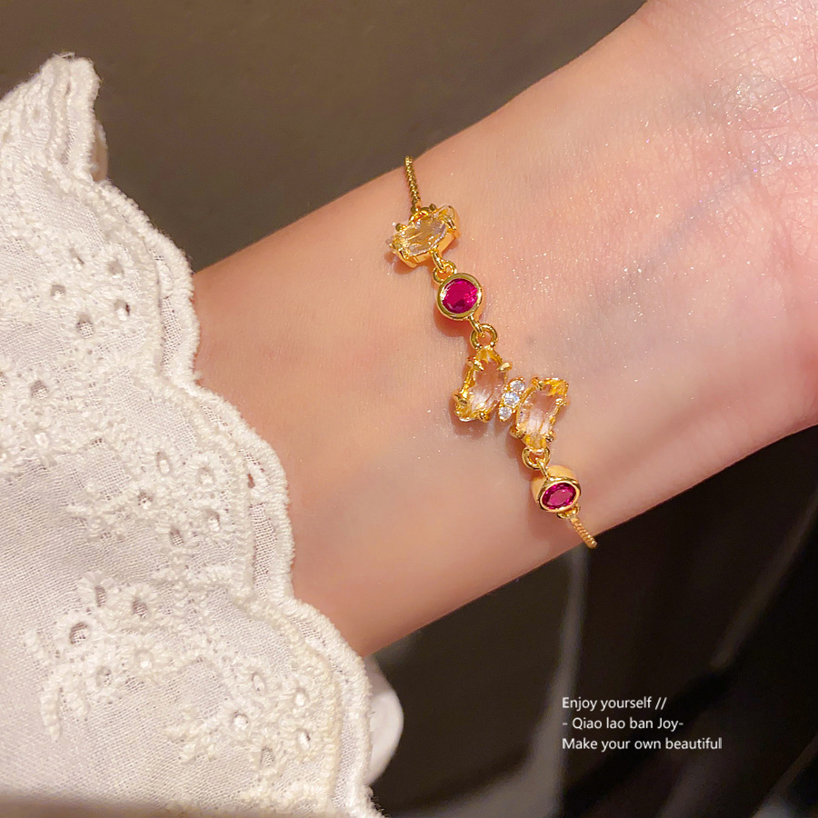 Gold - Toned Bracelet With Magenta Round Crystals, Clear Accent Stones Delicate Daily & Elegant Jewelry Gift For Her High - Quality And Colorful Acces