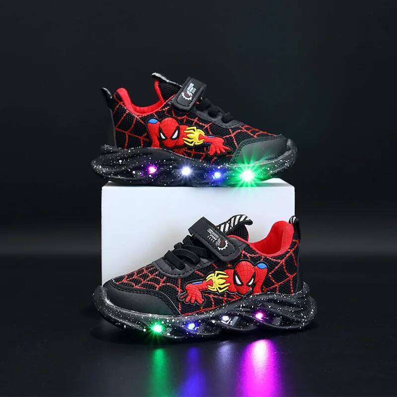 LED Casual Sneakers Red Black For Spring Boys Mesh Outdoor Children Lighted Non-slip Shoes Size 21-30