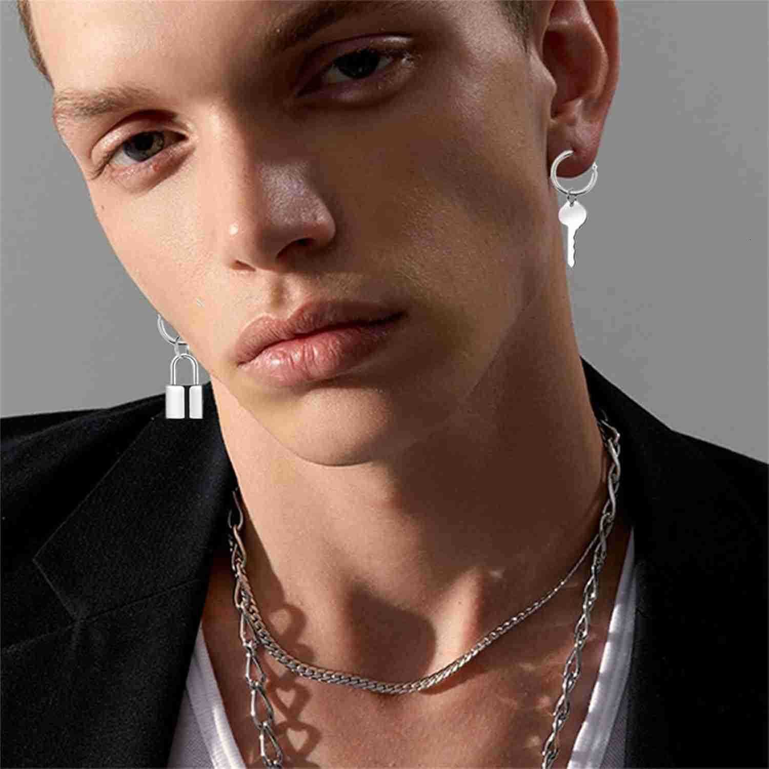 Lock Key Earrings for Women Elegent Asymmetric Punk Handmade Lightweight Statement Sterling Silver Hoop Earrings Wedding Birthday Jewelry GiftsW250911
