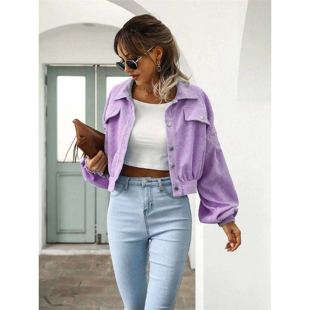 Corduroy Short Jacket Women Loose Tops Spring Autumn Turndown Collar Lantern Sleeve Casual Coat Lady Streetwear Outerwear