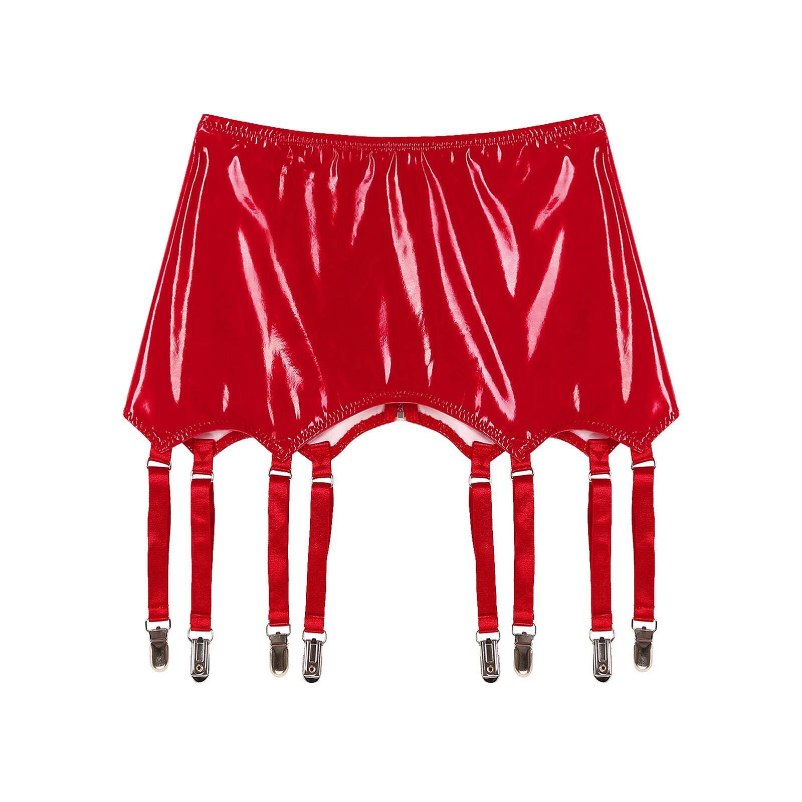 Womens Suspender Belt Latex Ladies Wet Look Patent Leather Mini Skirts Garters with Metal Clips Clubwear Costume dongdumaoyi