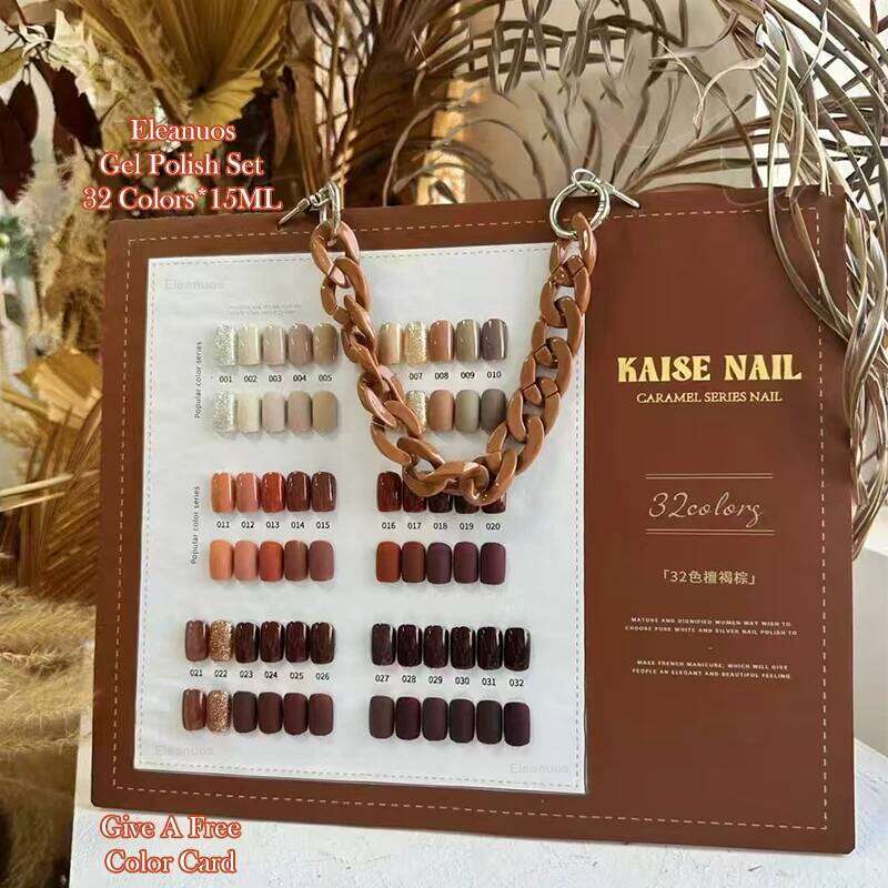 Eleanuos Autumn Polishing 32Pcs Mixed Clearcoat Dark Brown Semi Permanent UV LED Nail Primer Finish Gel Salon Learning