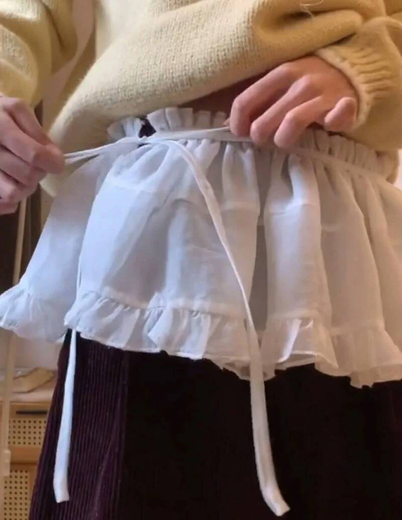 French Lace Ruffle Trim Belted Short Pencil Spring Layered Apron Curtain A- Line Fluffy Half-length Skirt Commute dongdumaoyi
