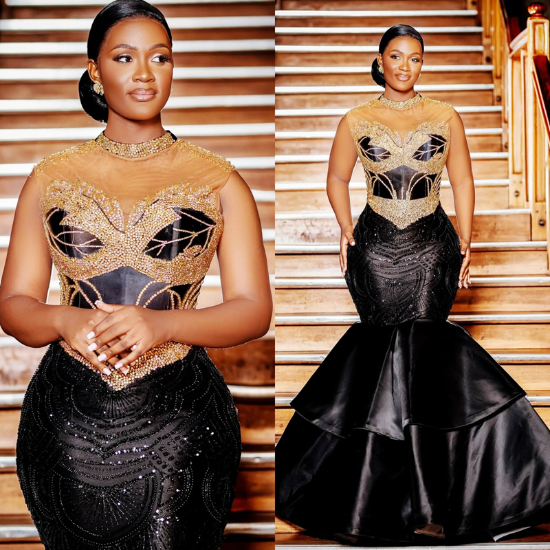 2025 Mermaid Black Prom Dresses For Black Women Evening Dresses Formal Gowns High Neck Beaded Crystals Birthday Dress Second Reception Gown AM2848