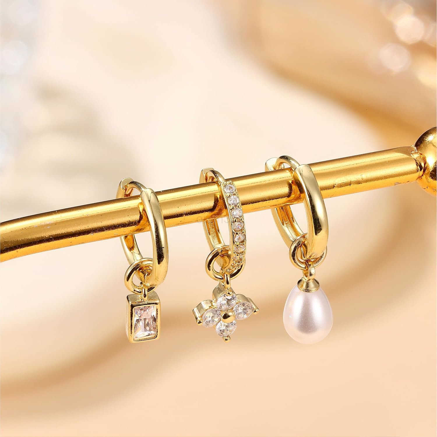 Small Gold Hoops Earrings for Women 14K Gold Plated Huggie Hoop Earrings Lightweight Hypoallergenic Stud Earrings Set with Cubic Zirconia Pearl Charm 