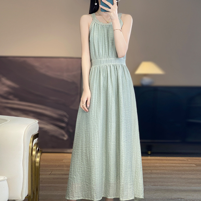 L18031 High waist slim summer silk 2025 new style beach vacation style ladies suspender dress