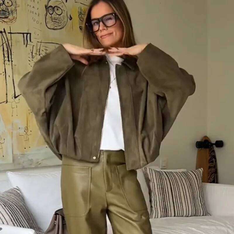 TRAF 2025 Women's Cropped Suede Jacket Women Demi-Season Bomber Jackets Long Sleeve Oversize Zipper Solid Coats