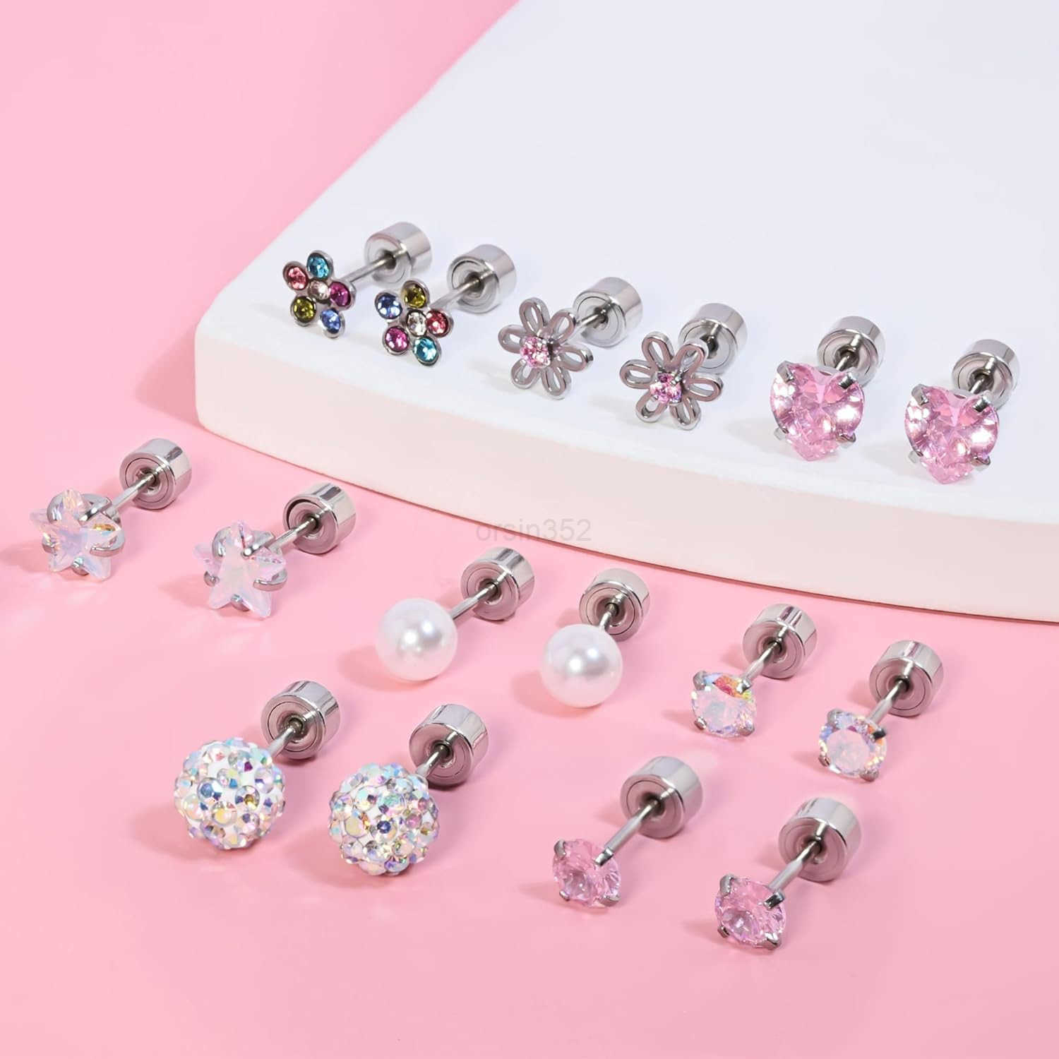Earrings for Girls Pushin Titanium Hypoallergenic Threadless Flat Back Earrings for Women Sensitive Ears Cartilage Cute Small Pearl Star Flower Heart 