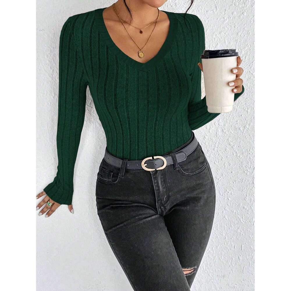 Slim Fit V-Neck Knitted Jumper Long Sleeve Top For Women Sexy Trendy Pullover Casual Wear