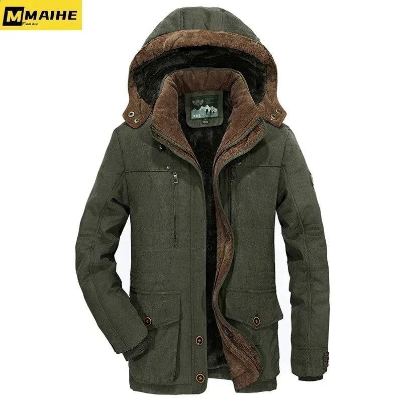 Mens Winter Thicken Cotton Snow Ski Hiking Jacket Warm Middle Aged Army Green Work Coat With Removable Hood Parkas Men Clothing 250911