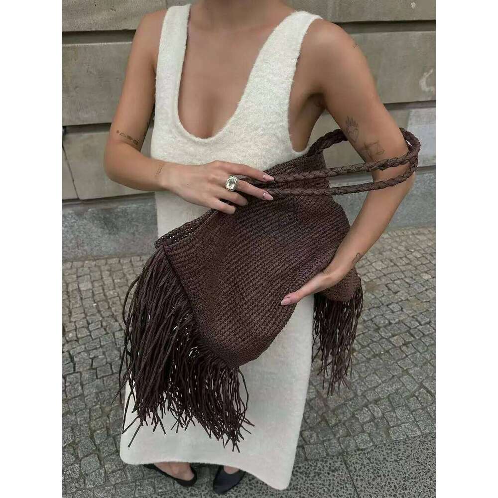 Casual Tassel Woven Women Shoulder Bags Handmade Fringe Lady Handbags Summer Beach Large Tote Bag Big Shopper Purse for Vacation