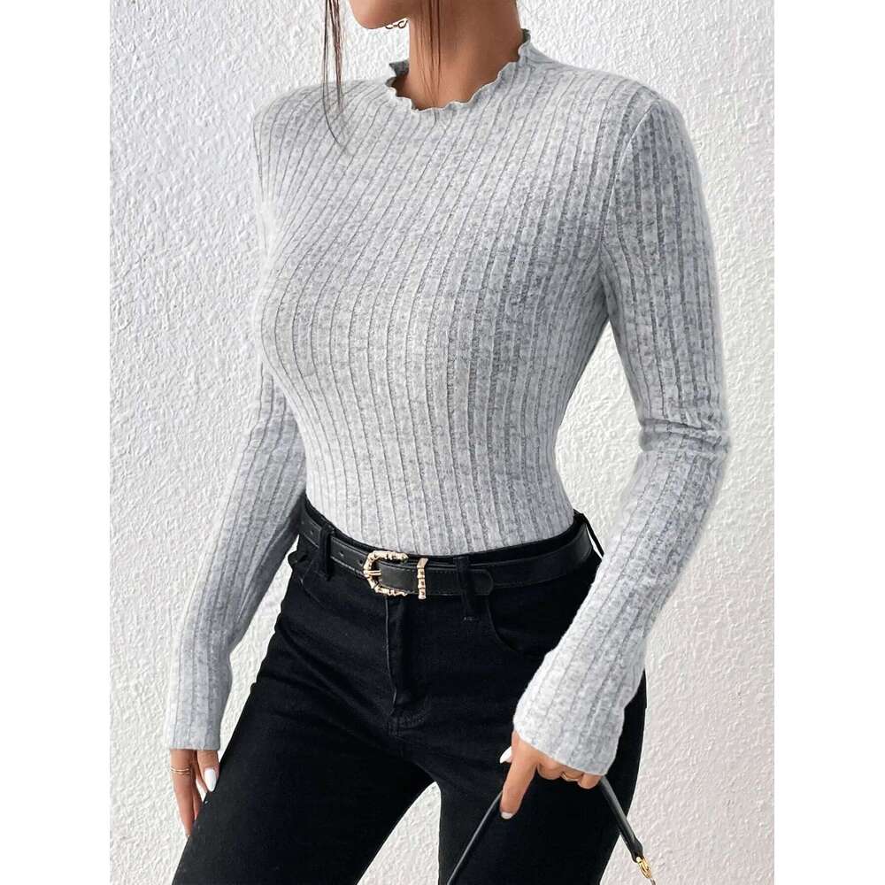 Fashion Slim Ruffle Neck Knit Long Sleeve Top, Lace Mid-Collar Women's Striped Bottom Shirt, Autumn And Winter Casual Sweater