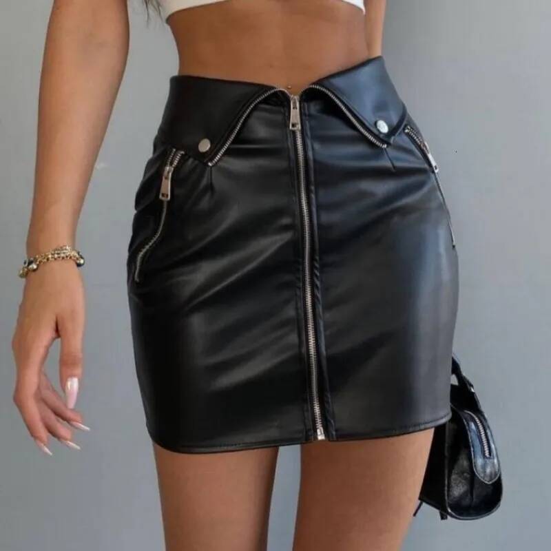 Candyhot Sexy Y2K PU Leather Zipper Casual Skirt Chic Multi Zip Fashion Slim Hip Skirts Summer Club Party High-waist Mini Dress dongdumaoyi