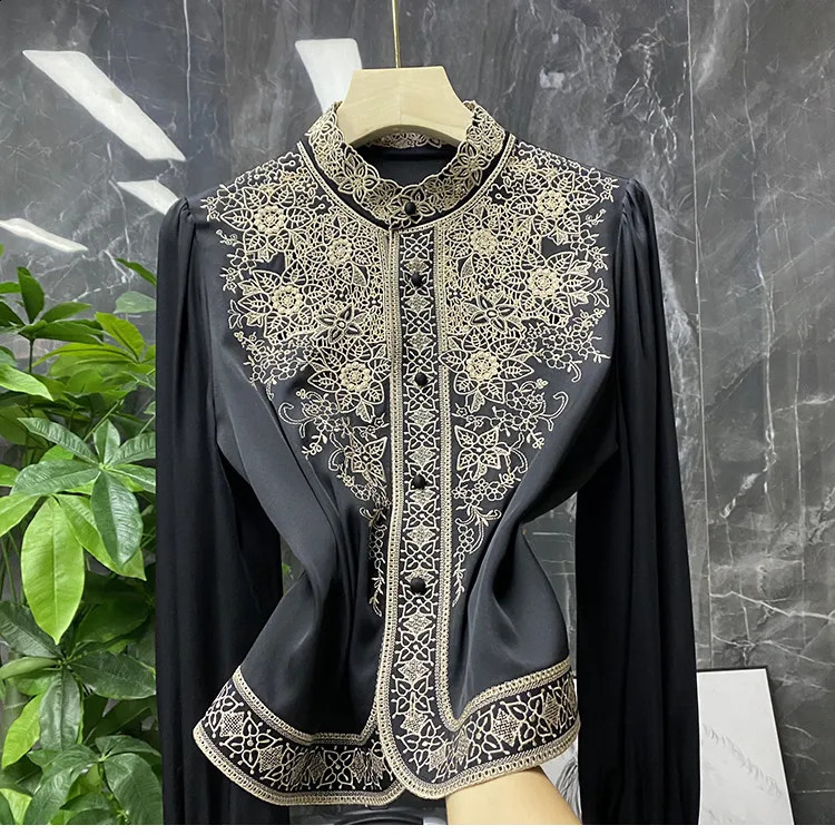 Floral ed Satin Silk Blouses Women Long Sleeve Vintage Shirts Chinese Style Retro Buckle Tops Office Lady Casual Wear 250911