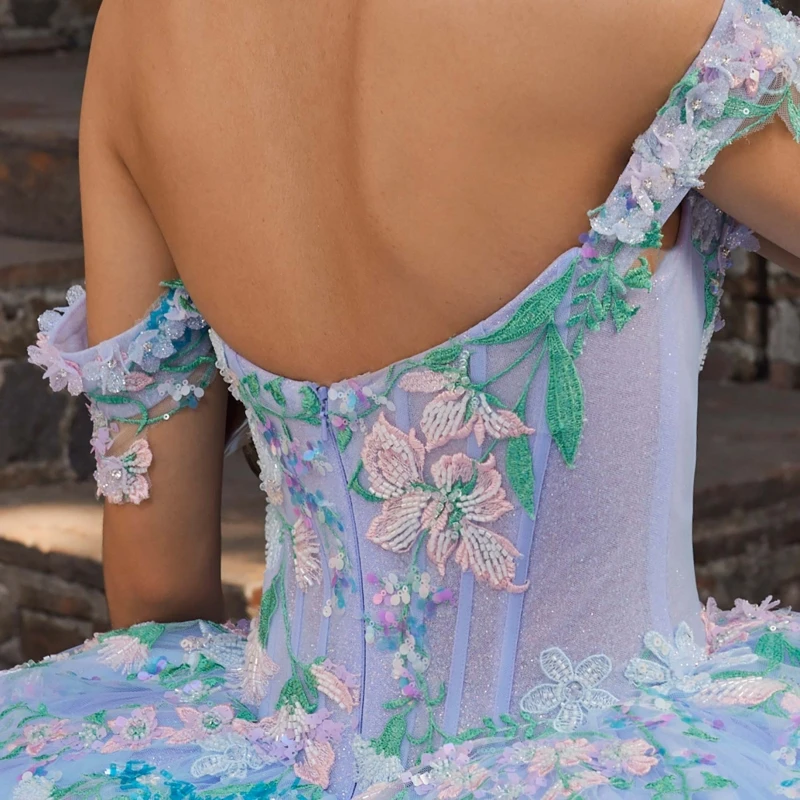 Sky Blue Quinceanera Dresses Ball Gown Off The Shoulder Applique Lace Beading Crystal Tull Party Birthday Sweet 16 Dress Vestidos 15 De Anos