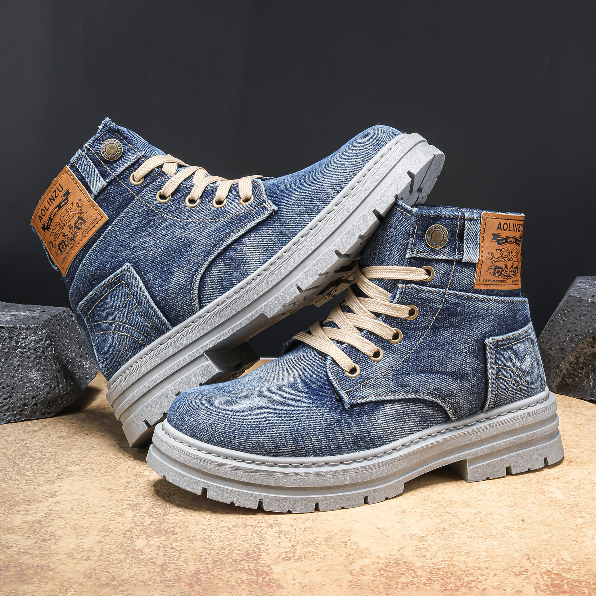 Fashion designer boots High-top martin boot Casual Denim fabric black blue Outdoor Enhanced Grip Non-skid durable versatile mens boots Size 39-48