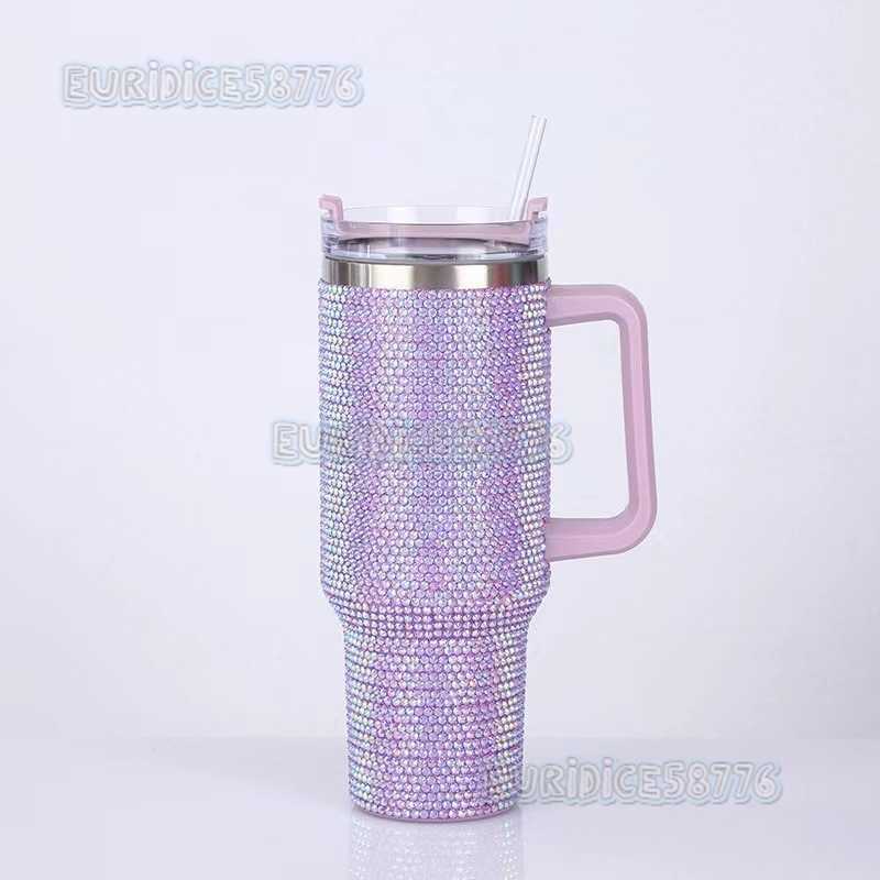 40oz Handle Cup Large Capacity 304 Stainless Steel Handmade Rhinestone Car Cup H250911