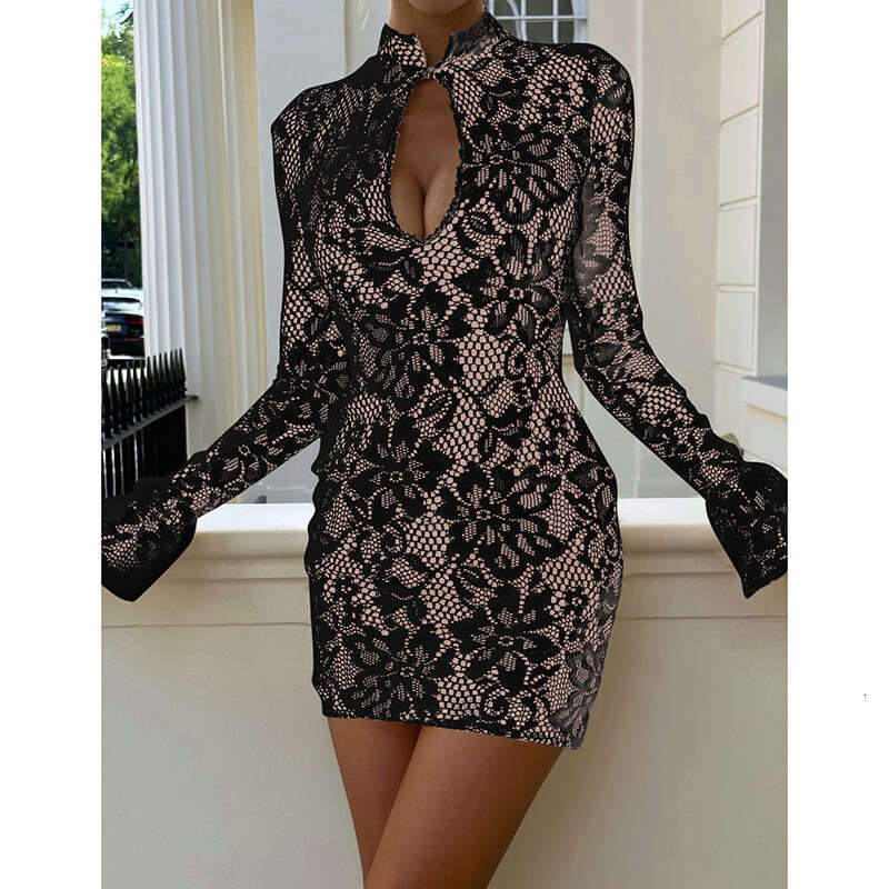 2025 Winter Women's New Fashion Sexy Lace Hollow Out Bodycon Fld Sleeve Dress