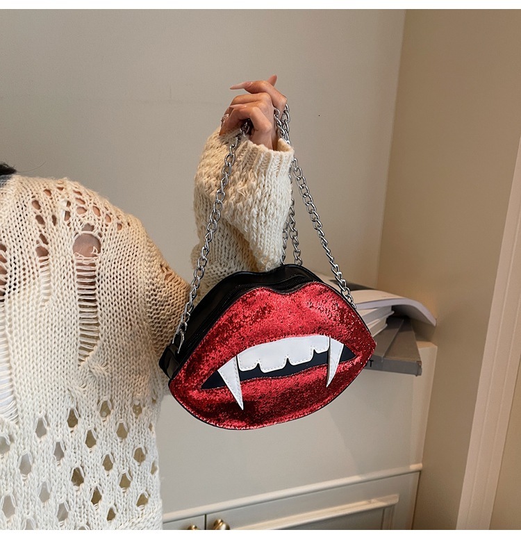 Halloween Autumn New Red Lips, Sharp Teeth, Personalized Style, Niche Design, Trendy Fashion, Women's Shoulder Bag, Designer Bag