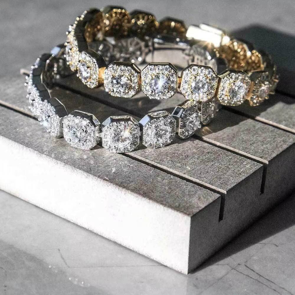 Hip Hop Jewelry 925 Silver Plated Square 10mm Moissanite Diamond Rock Sugar 925 Tennis Chain Bracelet Bangle for Men Women