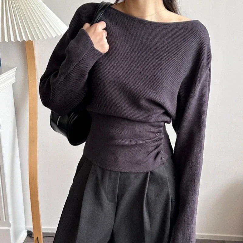Women d Button Waist Pullovers Off Shoulder Slash Neck Autumn Winter Knitted Sweater Long Sleeved Tops 250911