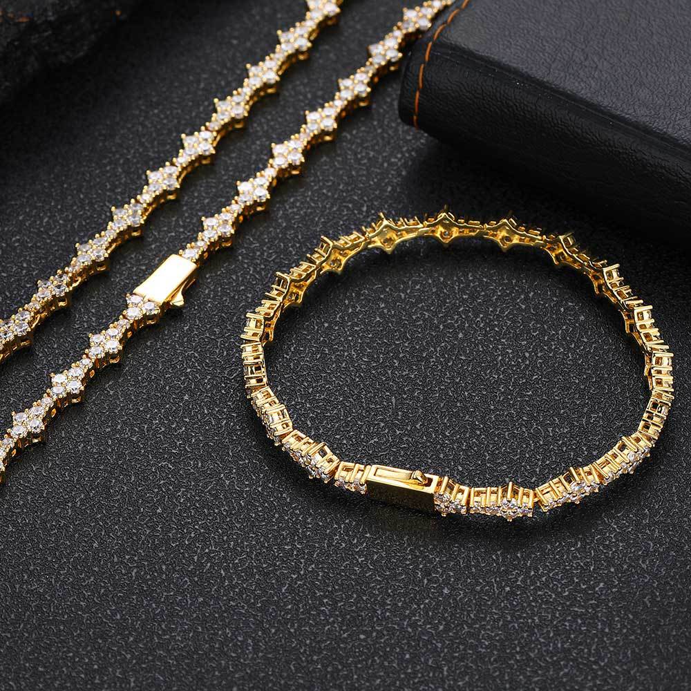 Hip Hop Tennis Chain Necklace Bracelet 5A Zircon Real Gold Plated Spring Clasp Clavicle Chain Jewelry