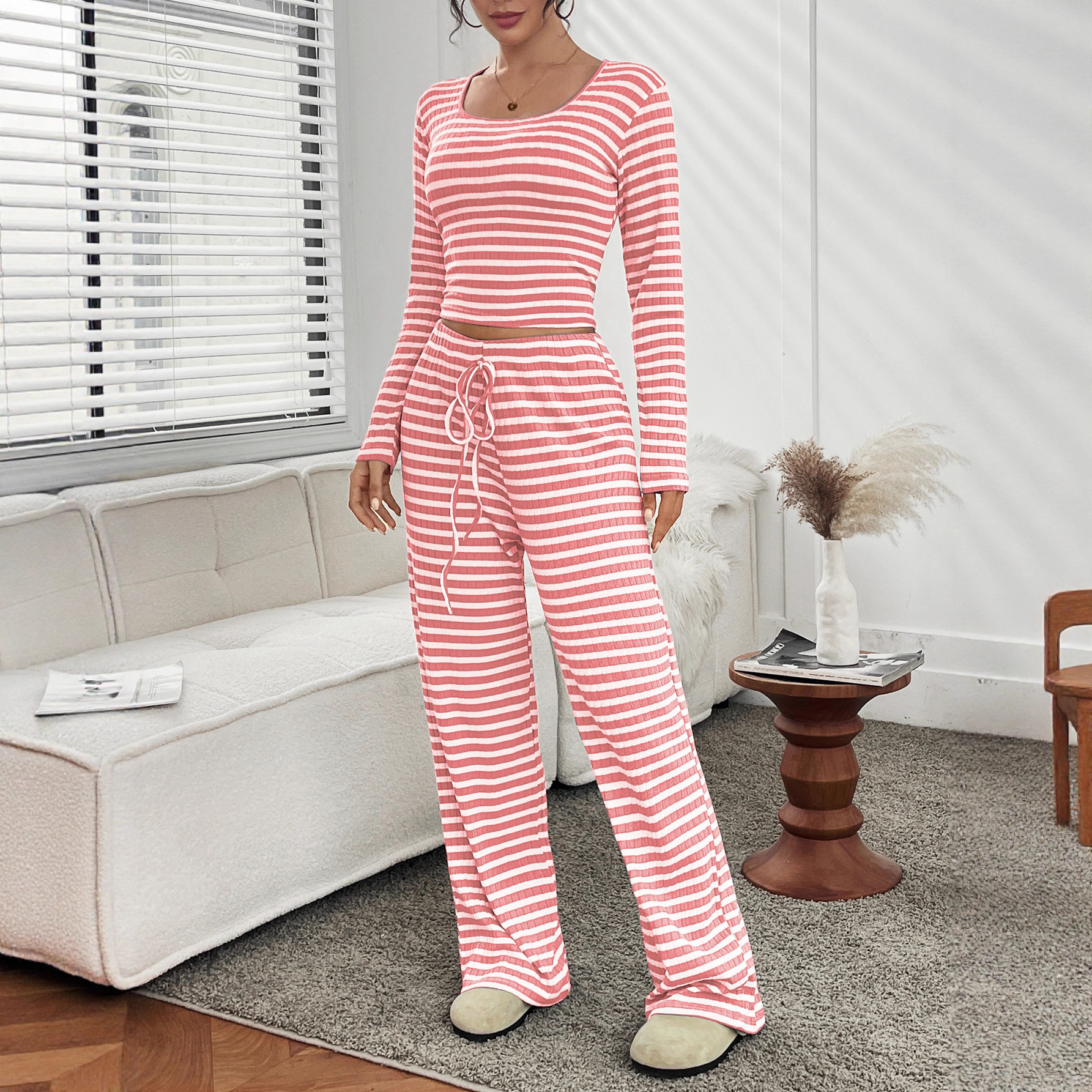 2025 Autumn New Women's S-striped Square Women's Long sleeved Top Collar Long sleeved Drawstring Pants Set Autumn/Winter New Designer Knitte