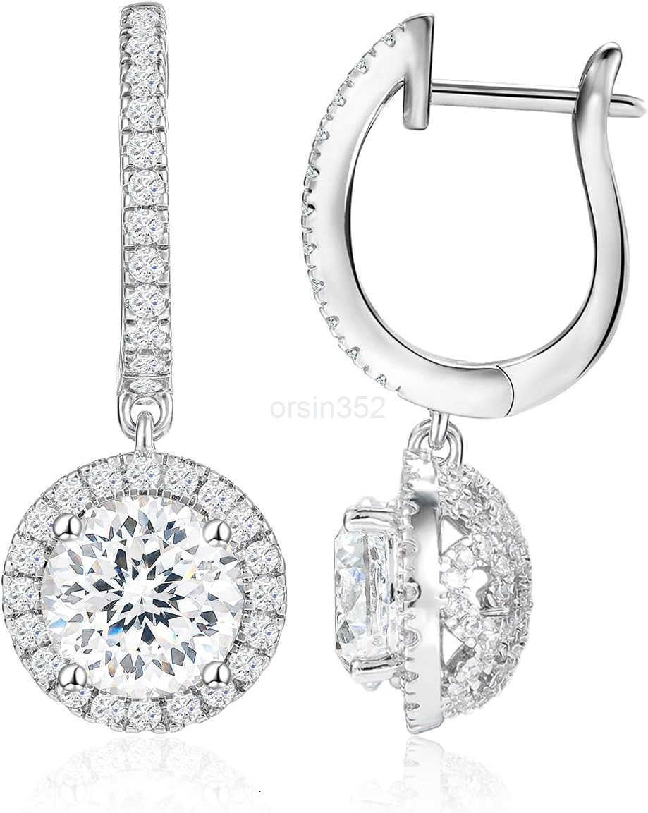Round Cubic Zirconia Dangle Earrings for Women in White Gold Plated Cz Halo Design and Half Ball Ear Drops with Paved Simulated Diamond Lever Back and