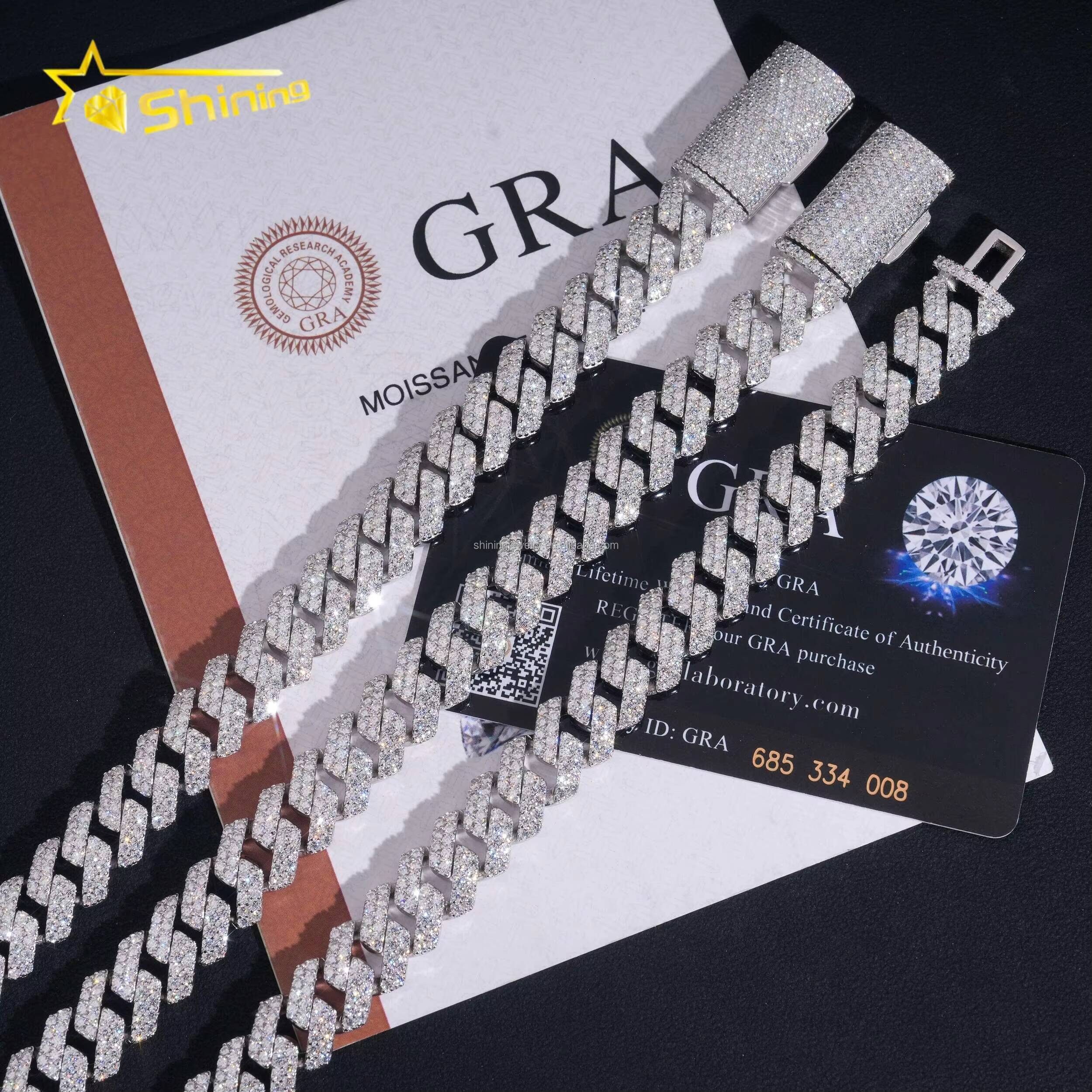 In Stock Luxury Jewelry Prong Setting 12mm Two Rows Iced Out Moissanite Diamond White S925 Sterling Silver Cuban Link Chain