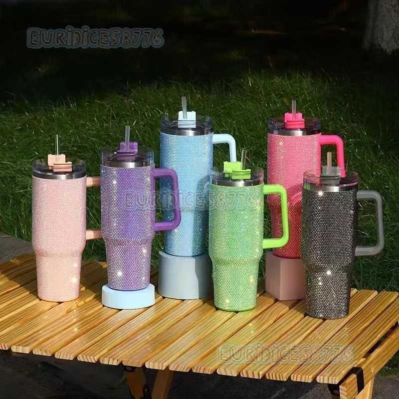 40oz Handle Cup Large Capacity 304 Stainless Steel Handmade Rhinestone Car Cup H250911