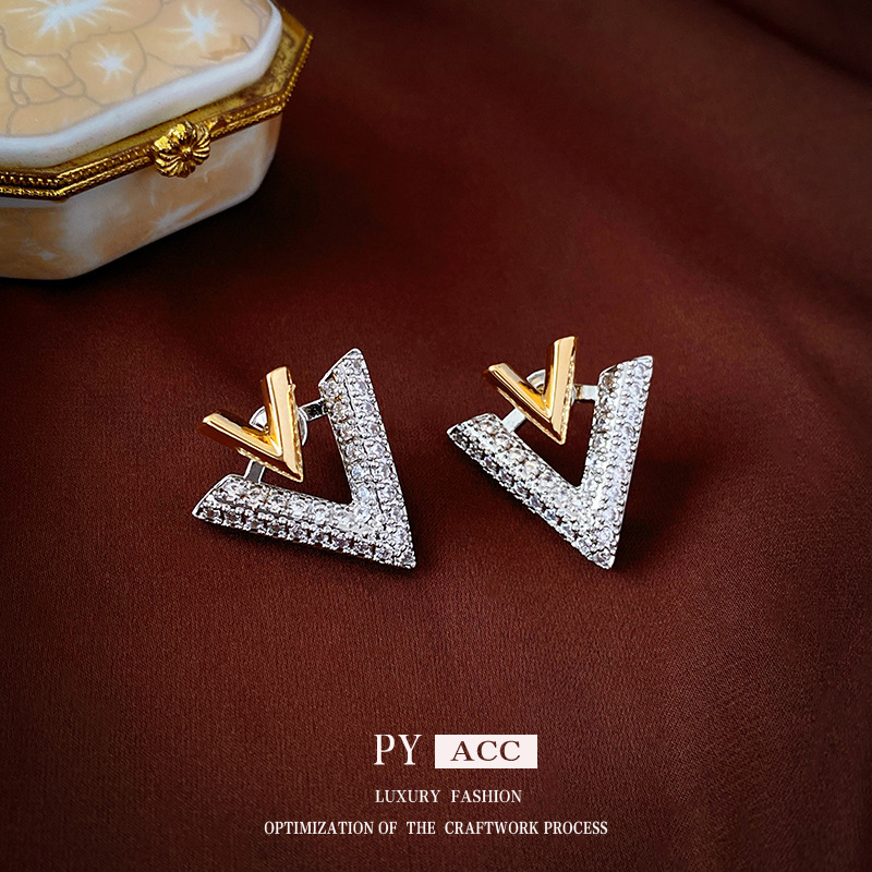 Luxury Brand Designer Jewelry Real Gold Plated Silver Needle Zircon Letter Two-Way Earrings Korean Light Luxury Stud Earrings Niche Versatile High-End