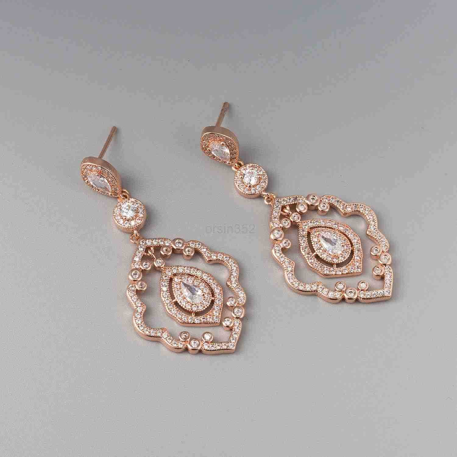Wedding Earrings Rose Gold Bridal Earrings for Women BridesArt Deco Drop Dangle EarringsW250911