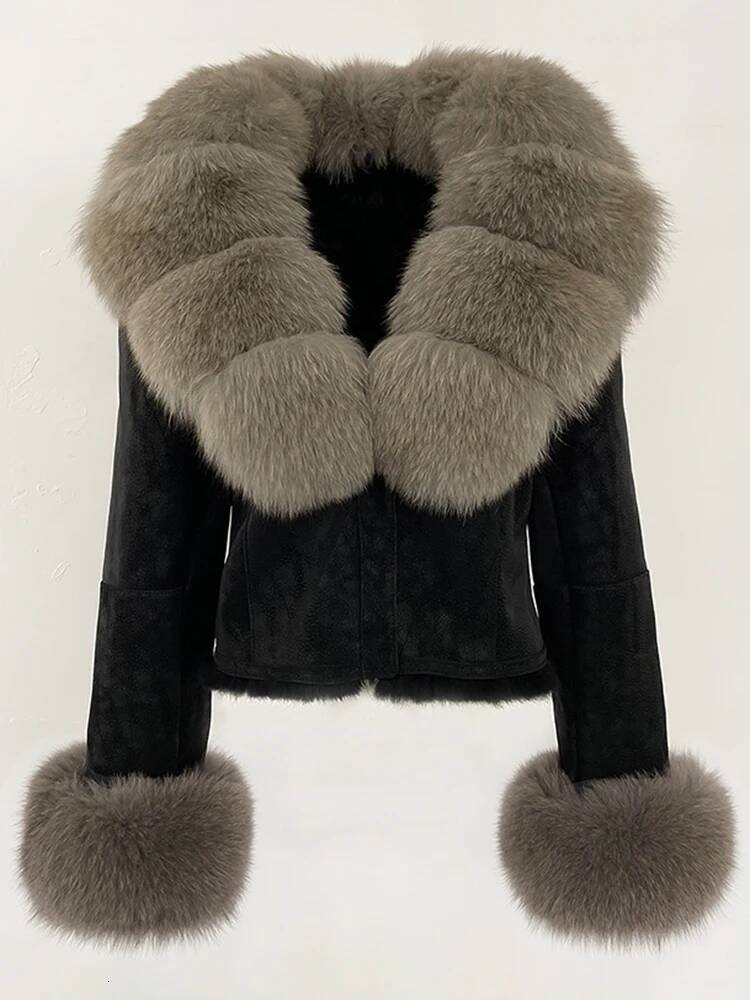 OFTBUY Fashion Short New Autumn Winter Clothing Real Rabbit Liner Suede Jacket Women Natural Fox Fur Collar Coat Female