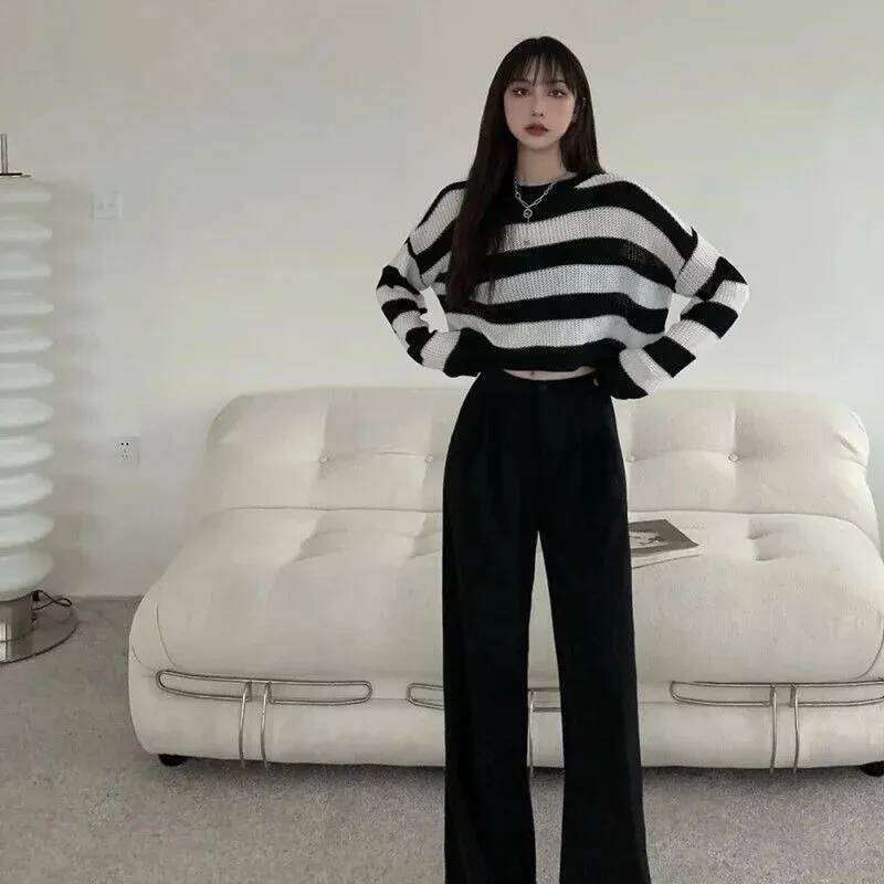 ZMZBCH Korean Style Autumn Striped Cropped Sweater Women Vintage Oversize Knit Jumper Female Long Sleeve O-Neck Pullovers Tops