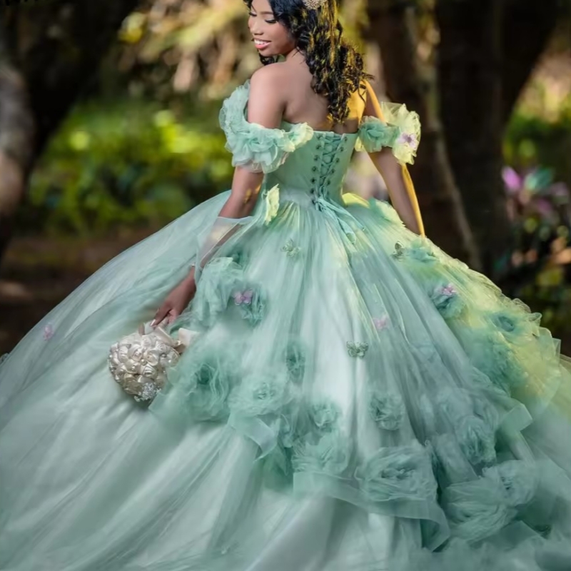 Light Green Quinceanera Dresses Crytal Beading Bow Flower Birthday Party Princess Ball Gown Vestidos De 15 Anos Sweet 16 Dress