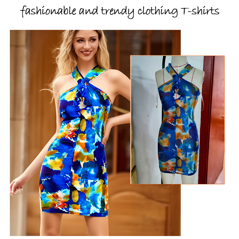 Women's Sleeveless Halter Neck Bodycon Mini Dress with Colorful Abstract Print