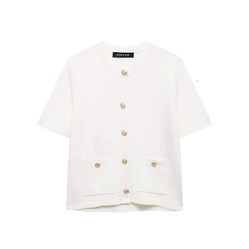 DHEssentials New Style Chanel-Inspired Round Neck Patch Pocket Button Design Short Sleeve Knitted Jacket for Women 6427031